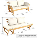 COSTWAY Ławka ogrodowa z funkcją leżenia, sofa ogrodowa z poduszkami i składanym podłokietnikiem, ławka balkonowa z drewna akacjowego, sofa balkonowa, sofa ogrodowa do ogrodu, na taras, balkon, 198 x