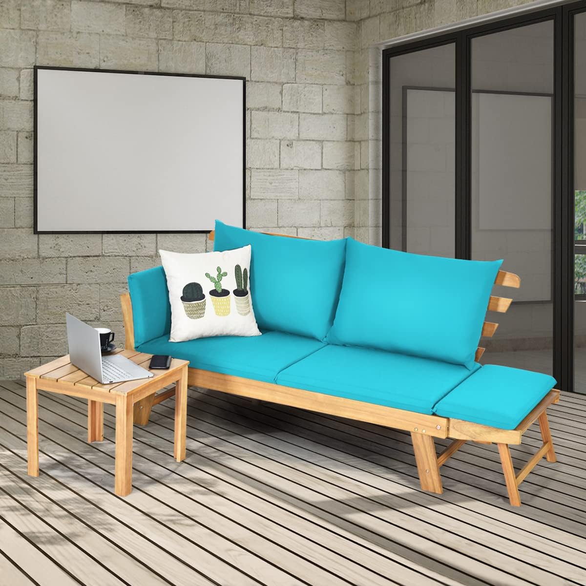COSTWAY Ławka ogrodowa z funkcją leżenia, sofa ogrodowa z poduszkami i składanym podłokietnikiem, ławka balkonowa z drewna akacjowego, sofa balkonowa, sofa ogrodowa do ogrodu, na taras, balkon, 198 x