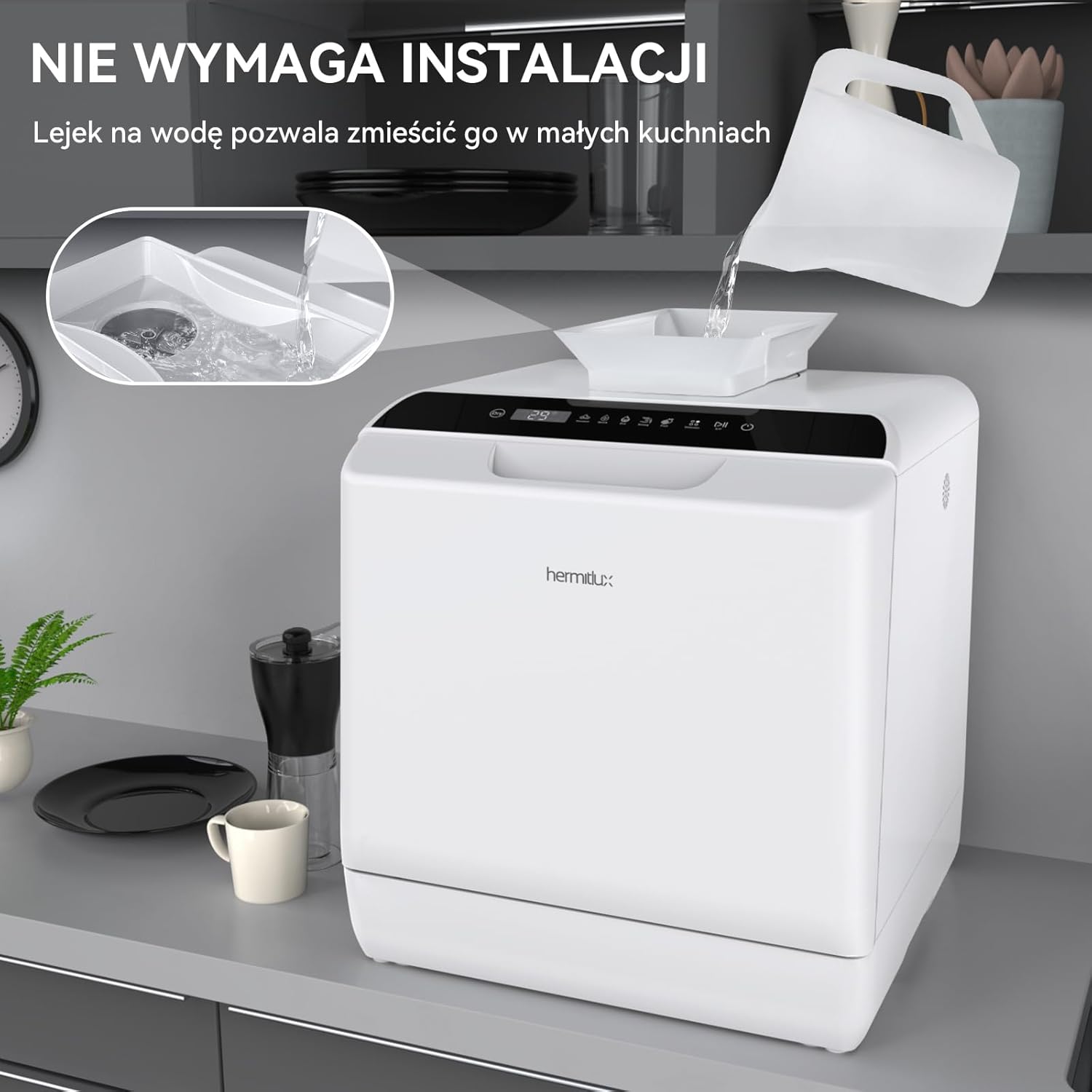Mini zmywarka stołowa, do użytku z i bez podłączenia do wody, szerokość 43 cm, miejsce na 4 sztućce, do użytku na kempingu, 175 kWh/rok, biały